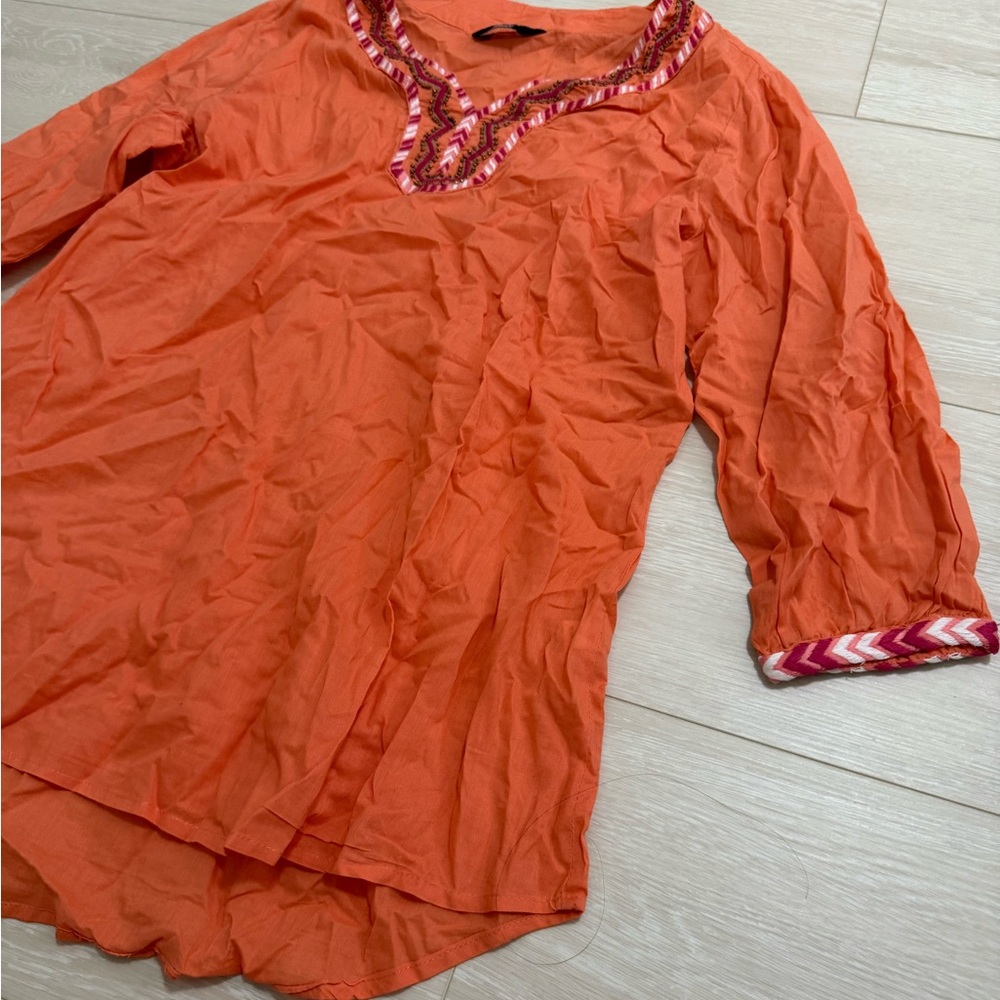 Women's Orange Embroidered V-Neck Tunic Top - Picture 3 of 7